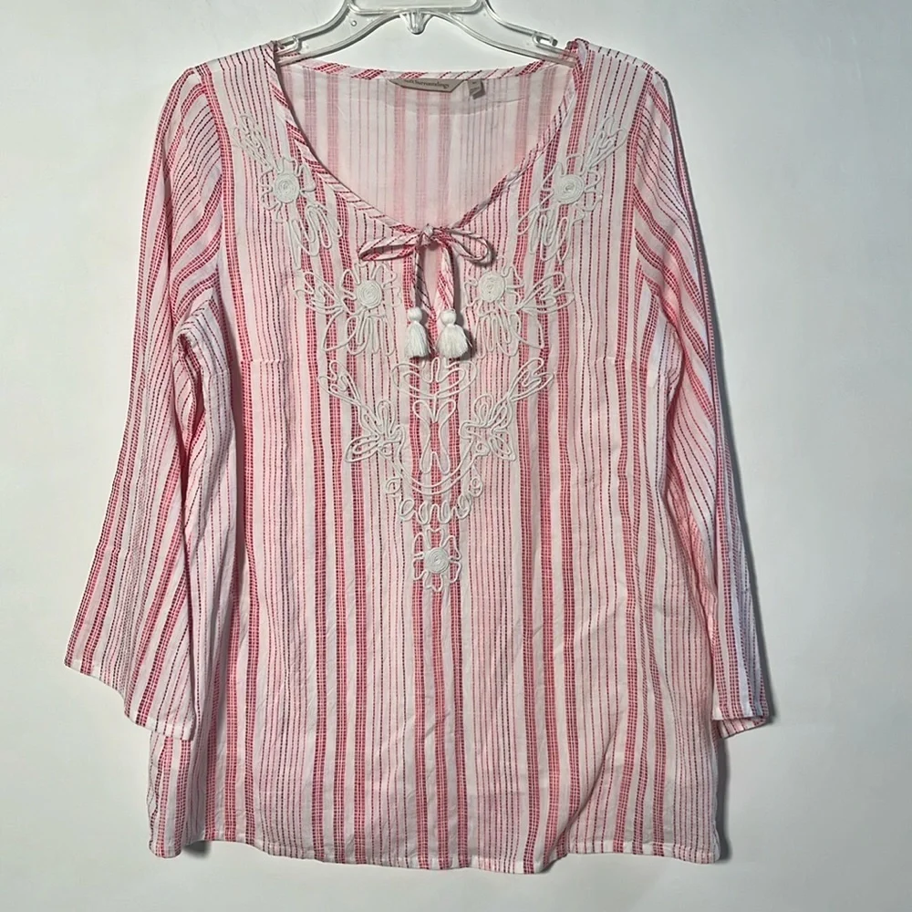 SOFT SURROUNDINGS Coastal Cottage Striped Embroidered Floral Tassel Tie Blouse M - Picture 1 of 16